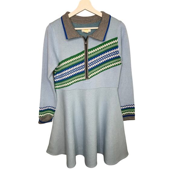 Maeve Striped 3/4 Sleeve Collared Fit & Flare Mini Dress Blue Green Women Medium - Picture 2 of 10
